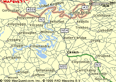 Map of the Area involved. Killykeen is the area of water between Killeshandra and Cavan town.