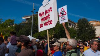 We Just Want to Vote - Franco ReturnsDuring a pre referendum social event in Placa Octavia, Sant Cugat del Valles, with dancing and other traditional activities, including castellets, the human towers, pro independence activists question the actions of th