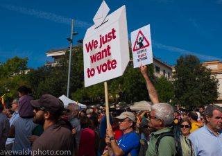 We Just Want to Vote - Franco ReturnsDuring a pre referendum social event in Placa Octavia, Sant Cugat del Valles, with dancing and other traditional activities, including castellets, the human towers, pro independence activists question the actions of th